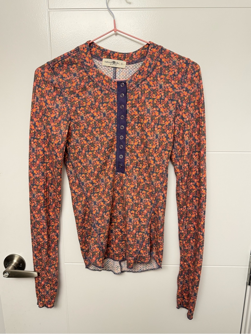 Natural Life Reagan Thermal Henley Floral Print Boho Long Sleeve Button Up